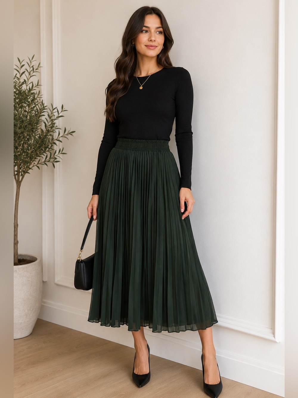 Dark Green Pleated Midi Skirt Elastic Waist Flowy Boho Cottagecore Minimalist